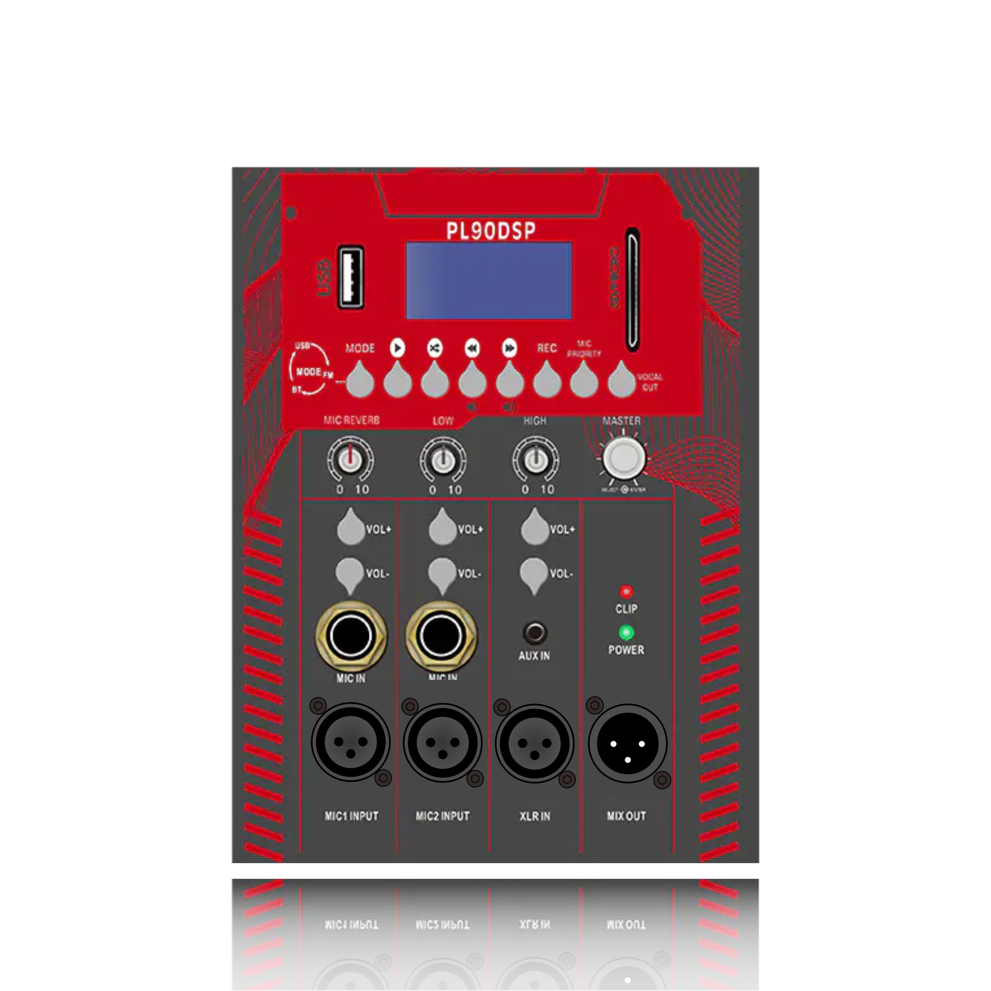 PL90: Intrare microfon cu 2 canale cu control al reverbării microfonului Modul funcțional de divizare a frecvenței electrice