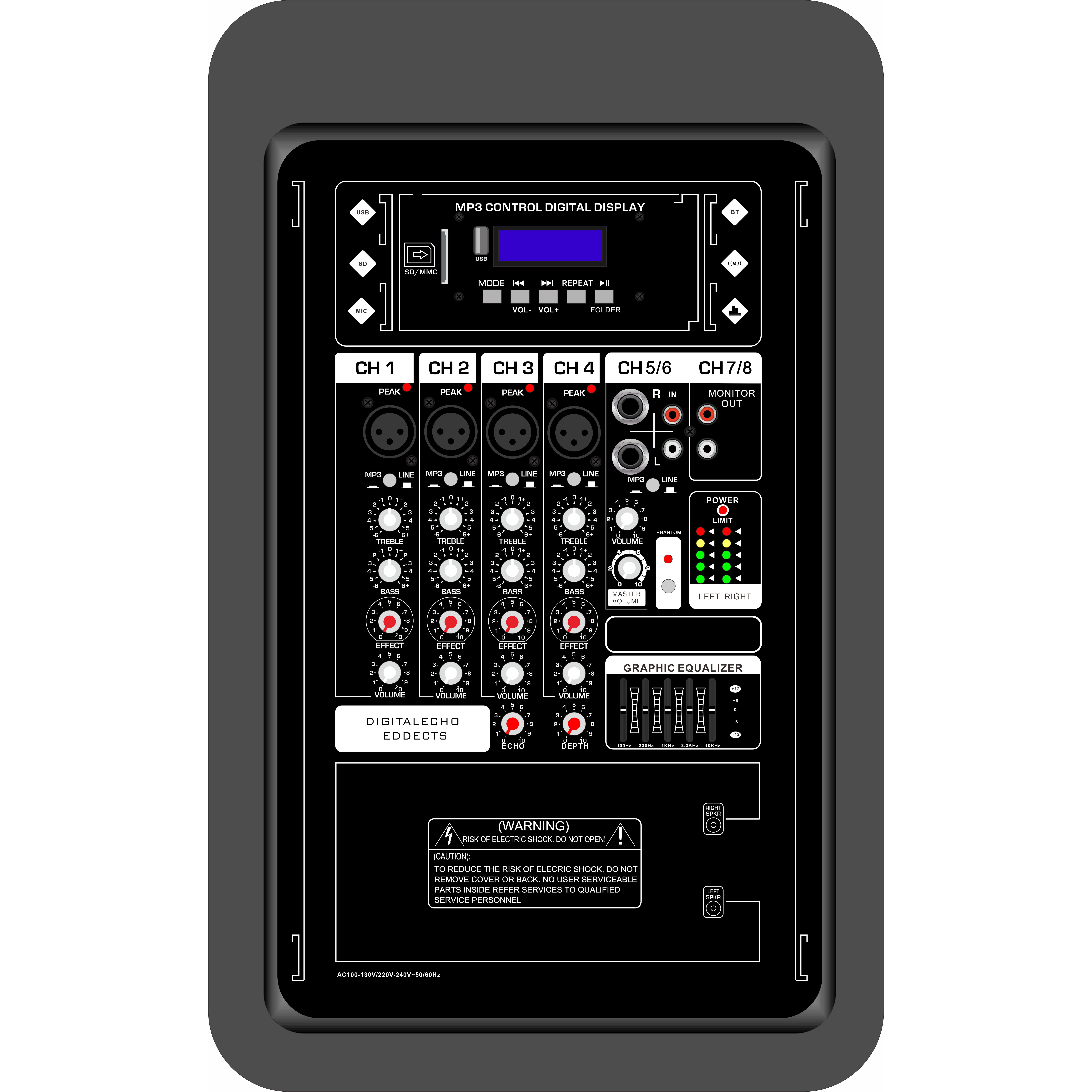 Amplificator mixer alimentat cu sistem în DOUĂ CĂI de 10 inchi EON210A